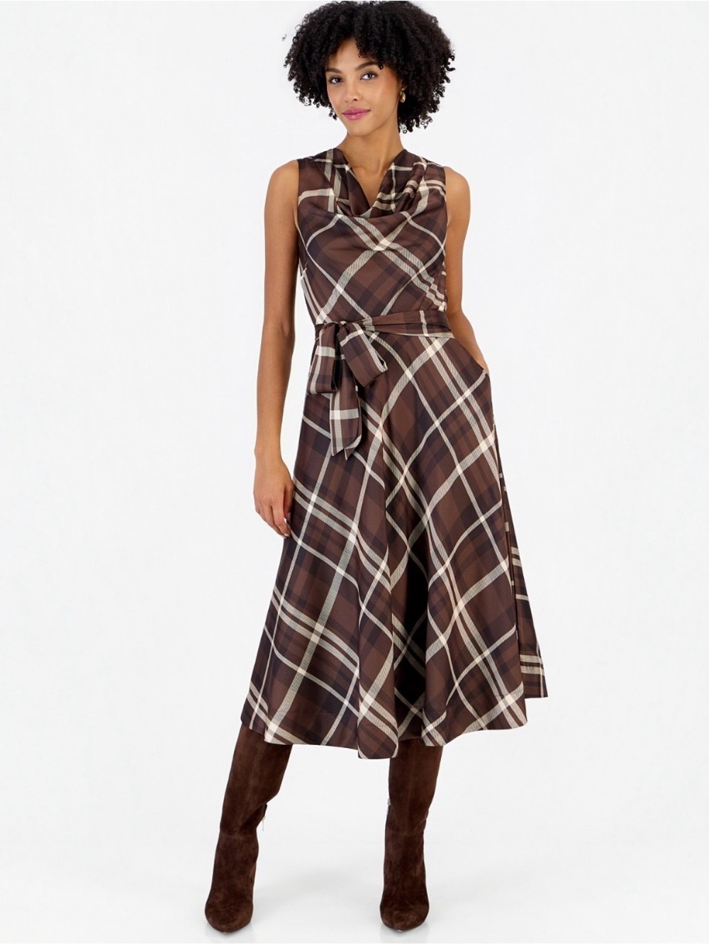 Tahari ASL Brown Plaid Cowl-Neck Midi Dress with Waist Tie